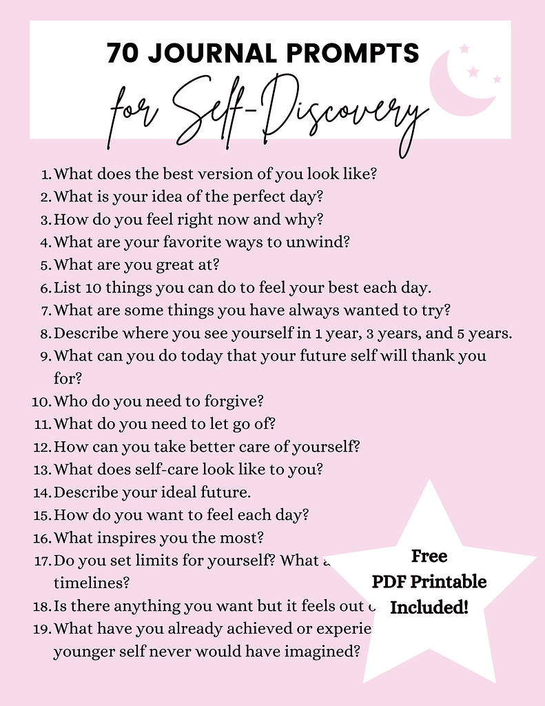 70 Journal Prompts About Identity Self Discovery {  Free PDF Printable}
